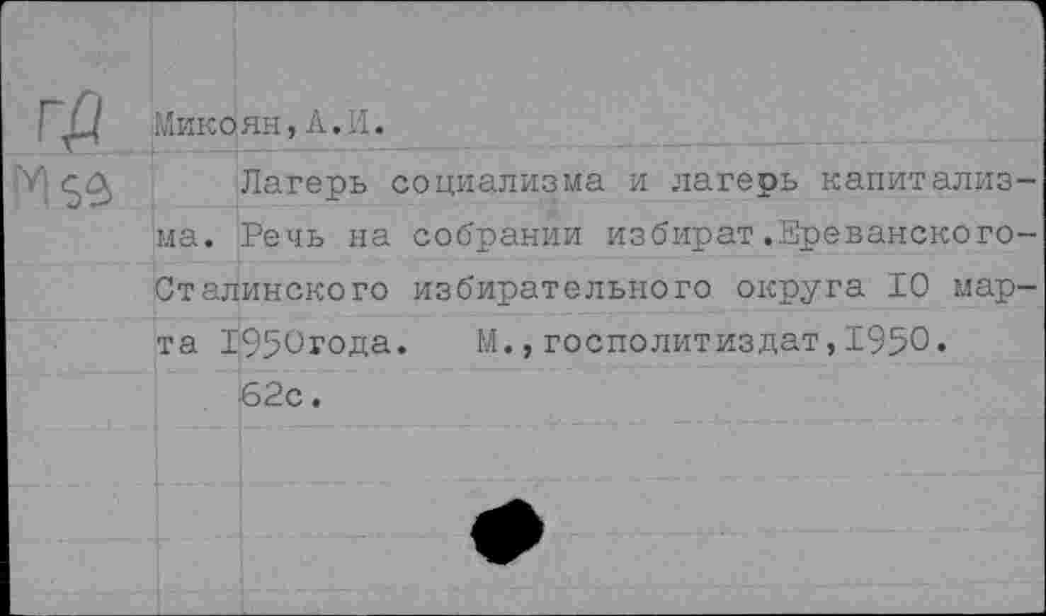 ﻿гД
Микоян,Л.И.
Лагерь социализма и лагерь капитализма. Речь на собрании избират.Ереванского-Сталинского избирательного округа 10 марта 1950года. М., госполитиздат,1950.
62с.